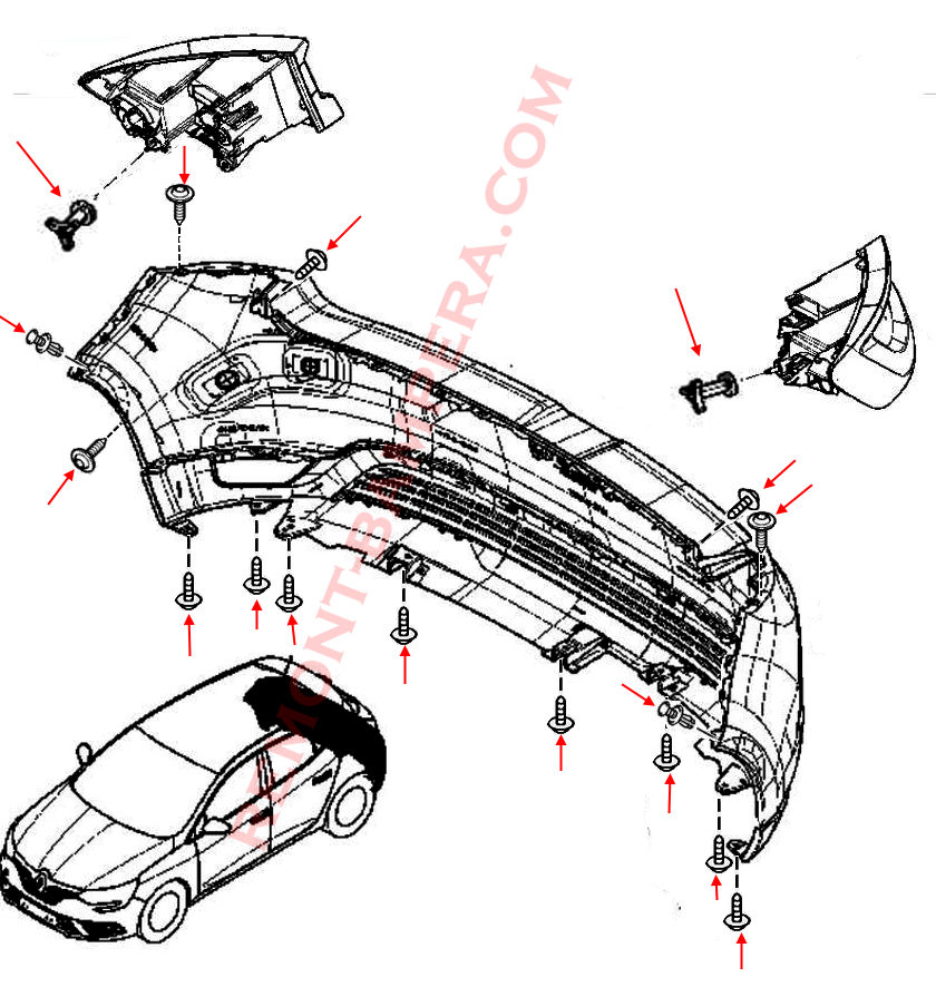 Diagrama de montaje del parachoques trasero del Renault Mégane IV
