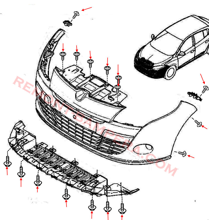 Esquema de montaje del parachoques delantero del Renault Mégane III