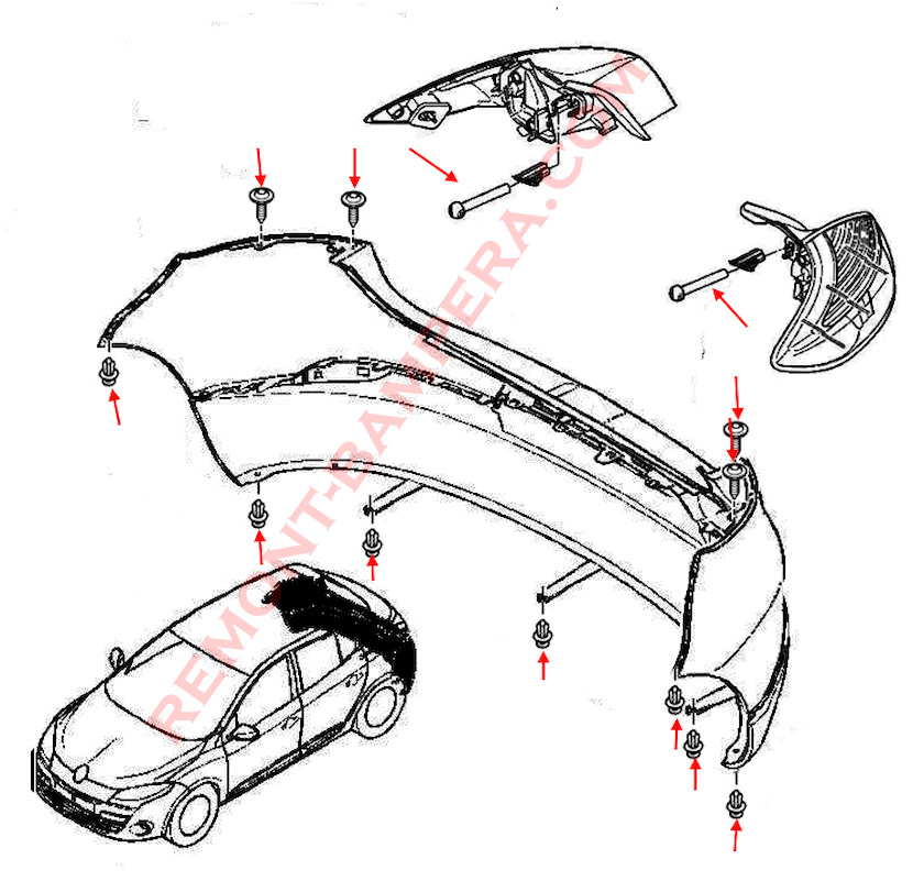 Esquema de montaje del parachoques trasero del Renault Mégane III
