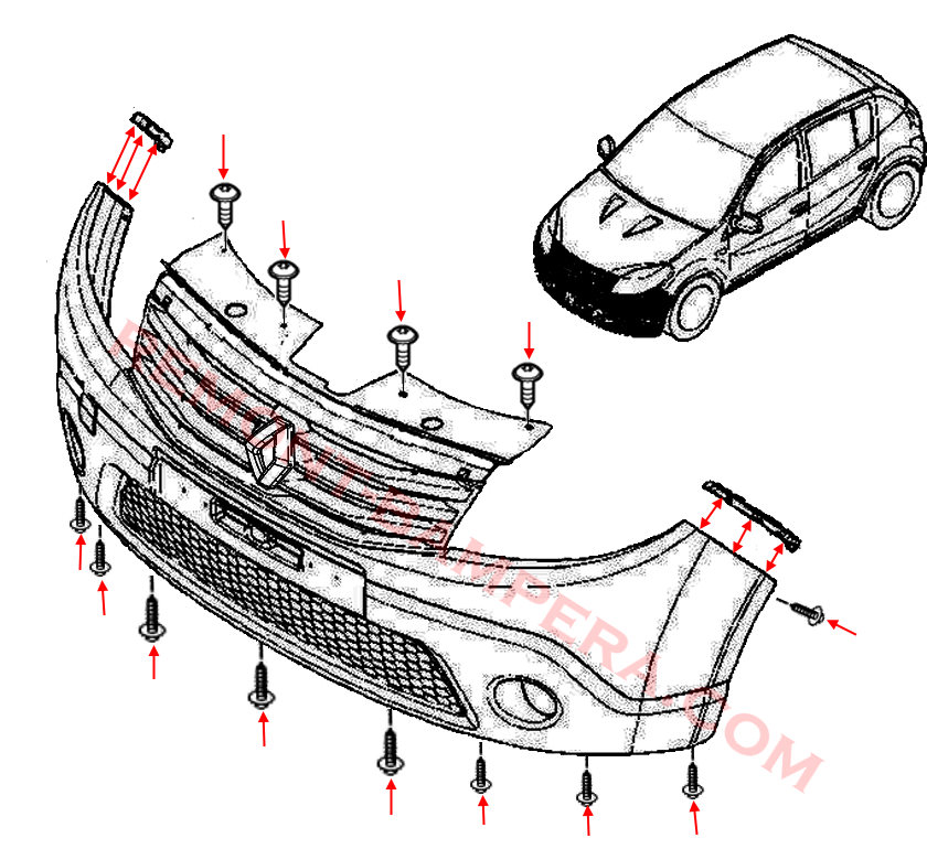 Diagrama de montaje del parachoques delantero del Sandero I