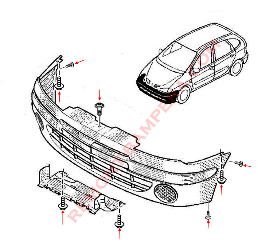 Diagrama de montaje del parachoques delantero del Renault Scenic I