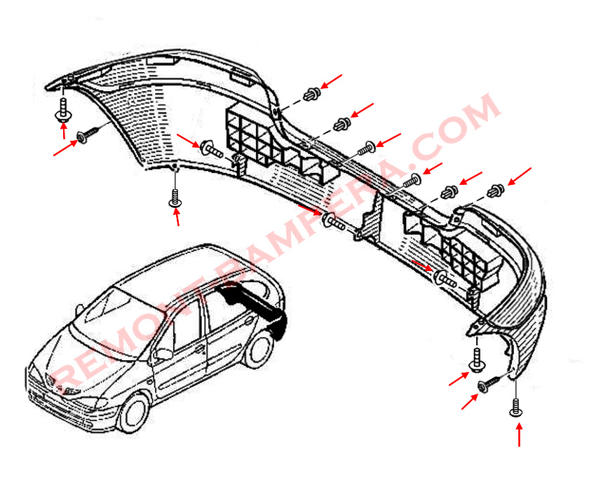 Esquema de montaje del parachoques trasero Renault Scenic I