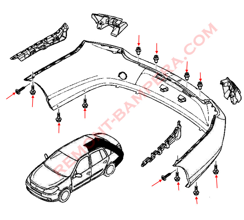 Diagrama de montaje del parachoques del Renault Symbol/Thalia