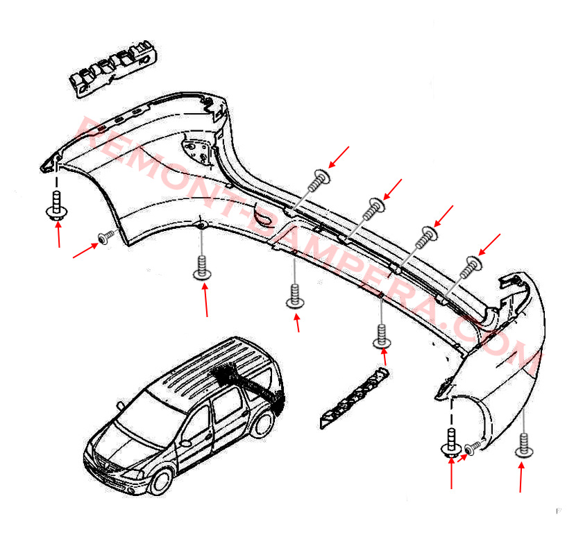 schema di montaggio del paraurti posteriore Renault (Dacia) Logan I
