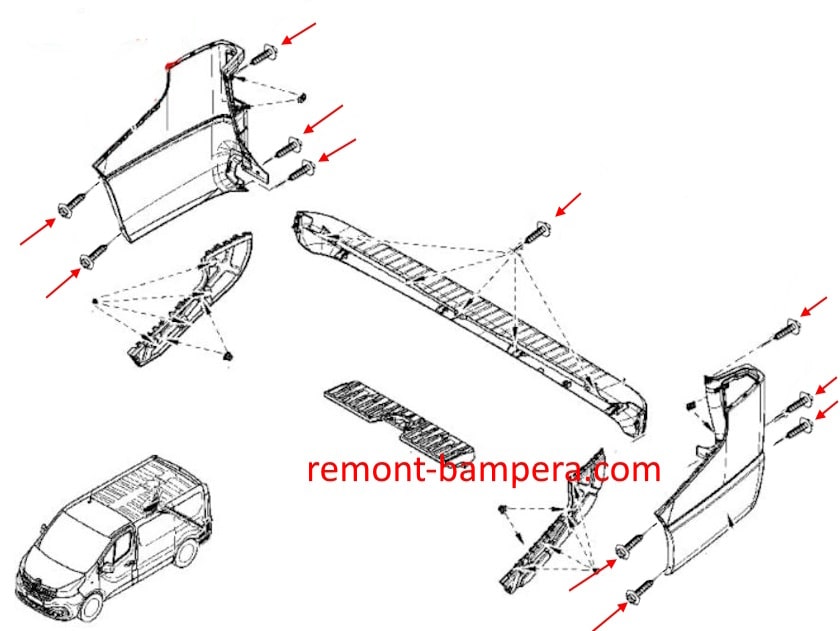 Схема крепления заднего бампера Renault Trafic 3 (2014-2023)