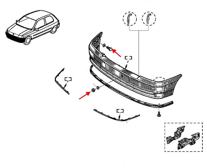 The scheme of fastening of the front bumper Renault Clio 1 (1990-1998)