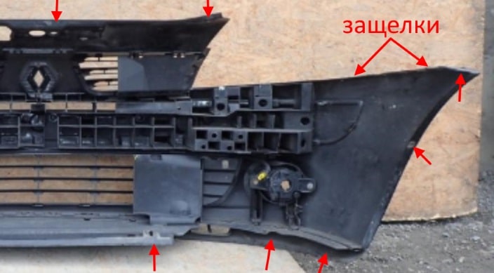 The attachment of the front bumper Renault Clio 2 (1998-2005)