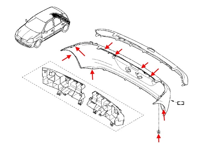 The scheme of fastening of the rear bumper Renault Clio 2 (1998-2005)
