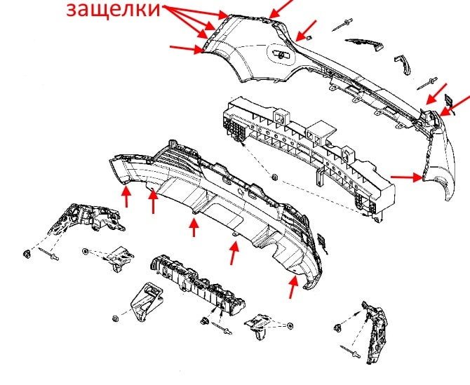 The scheme of fastening of the rear bumper Renault Clio 4 (2012-2019)