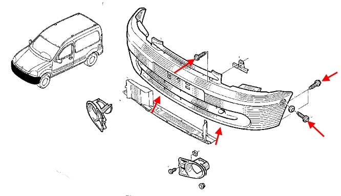 The scheme of fastening of the front bumper Renault Kangoo 1 (1998-2008)