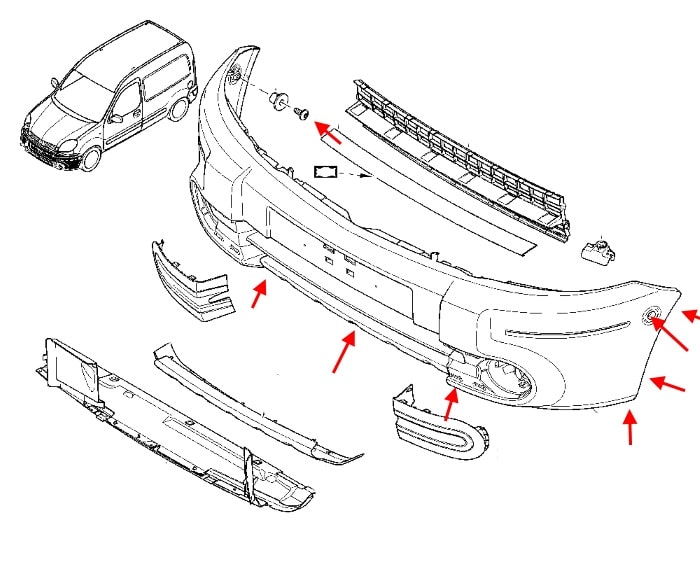 Esquema de montaje del parachoques delantero Renault Kangoo 1 (1998-2008)