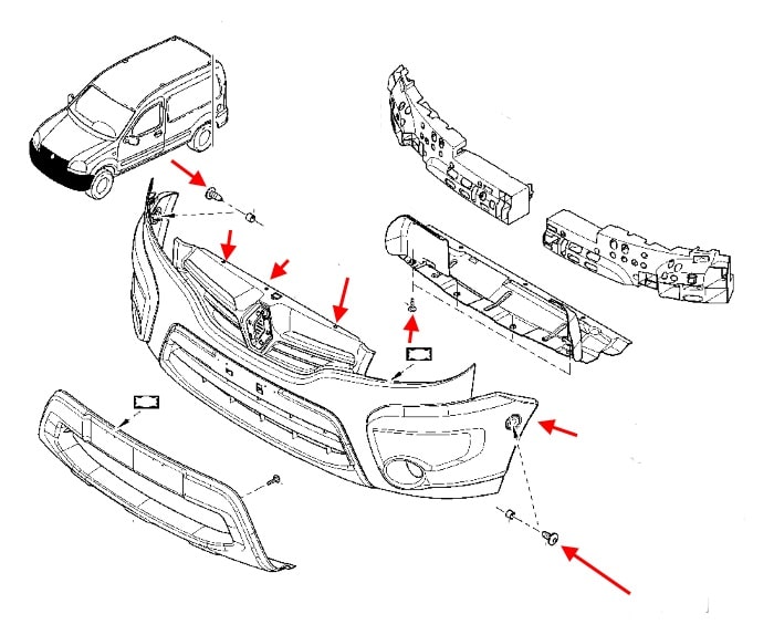 Esquema de montaje del parachoques delantero Renault Kangoo 1 (1998-2008)