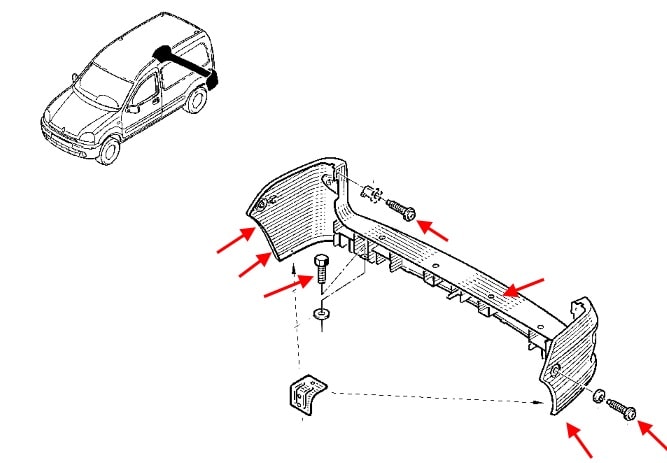 The scheme of fastening of the rear bumper Renault Kangoo 1 (1998-2008)