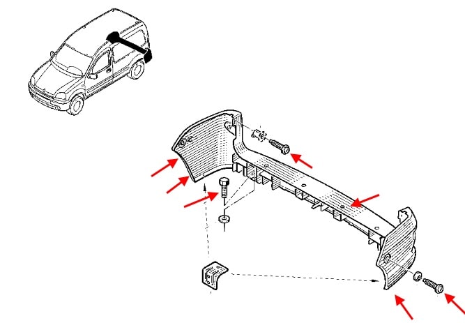 Schema montaggio paraurti posteriore Renault Kangoo 1 (1998-2008)