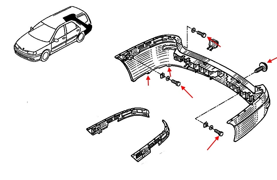 The scheme of fastening of the rear bumper Renault Laguna 1 (1994-2001)