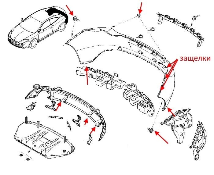 The scheme of fastening of the rear bumper Renault Laguna 3 coupe (2007-2015)