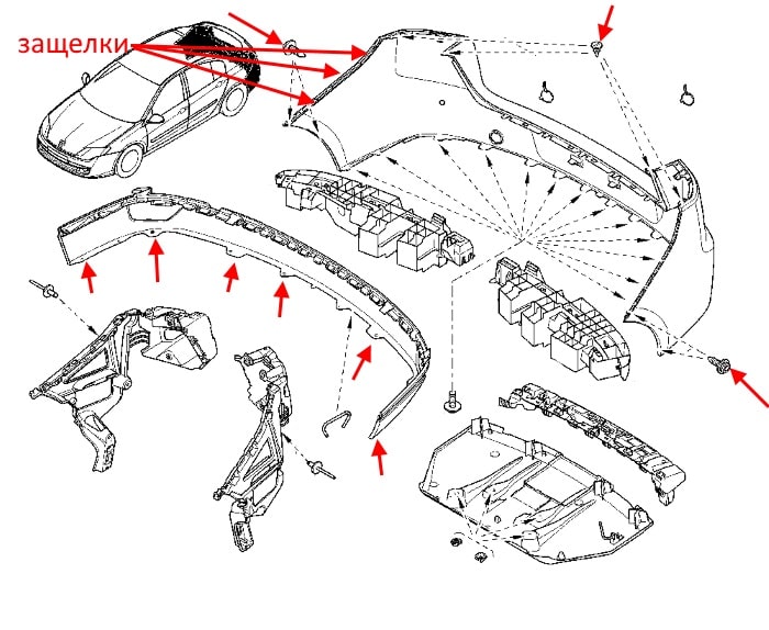 The scheme of fastening of the rear bumper Renault Laguna 3 (2007-2015)