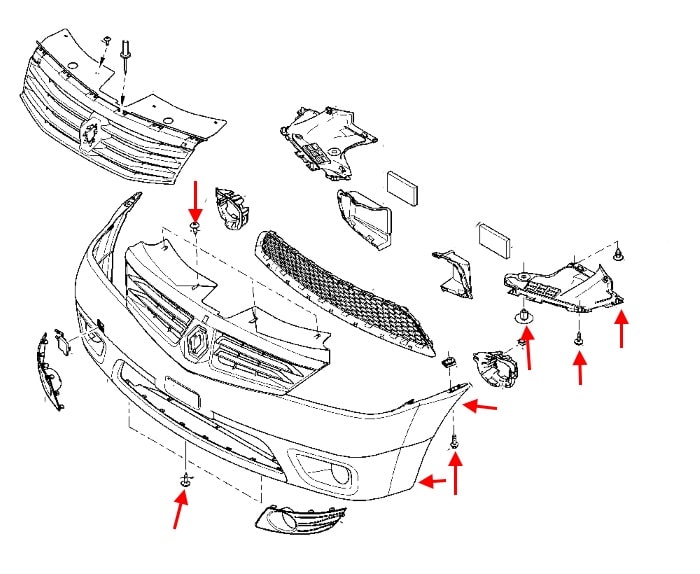 The scheme of fastening of the front bumper Renault (Dacia) Logan 1 (2004-2013)