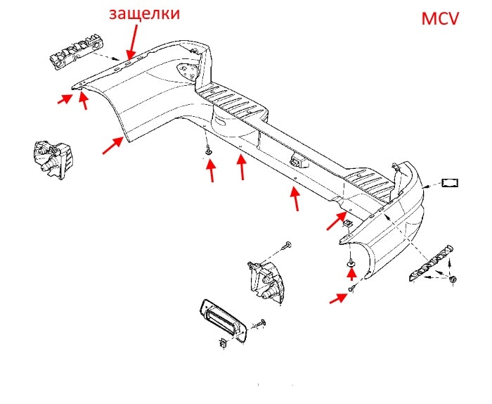 Схема крепления заднего бампера Renault (Dacia) Logan 1 (2004-2013)  MCV