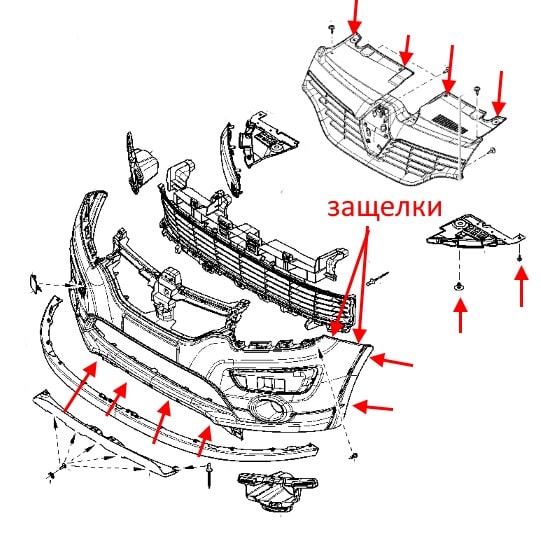 The scheme of fastening of the front bumper Renault (Dacia) Logan 2 (after 2012)