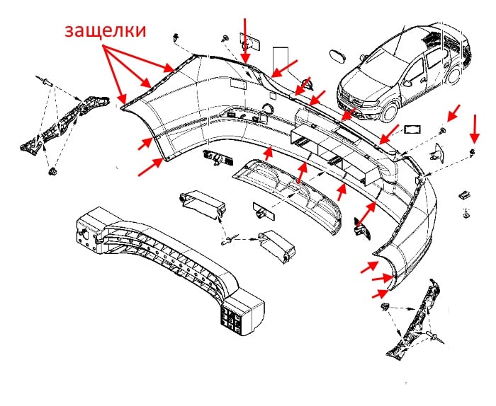 The scheme of fastening of the rear bumper Renault (Dacia) Logan 2 (after 2012)
