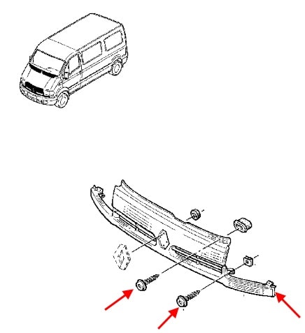 Scheme of fastening of the radiator grille Renault Master 2 (1997-2010)
