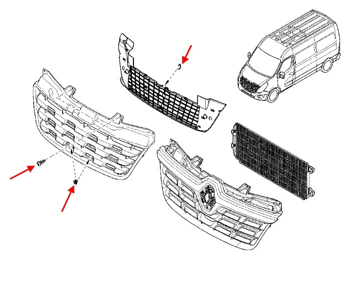 Схема крепления решетки радиатора Renault Master 3 (после 2010 года) 