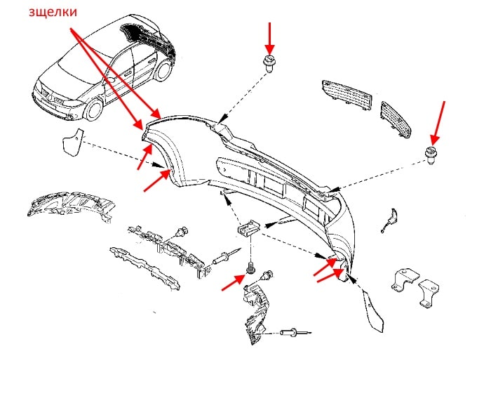 The scheme of fastening of the rear bumper Renault Megane 2 (2002-2008)