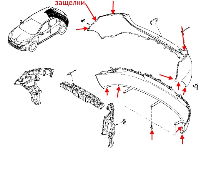 The scheme of fastening of the rear bumper Renault Megane 3 (2008-2015)