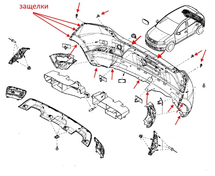 Схема крепления заднего бампера Renault/Dacia Sandero (Sandero Stepway) 2 (с 2012 года)