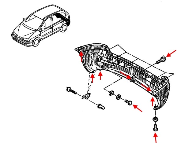 Montageschema der hinteren Stoßstange Renault Scenic 1 (1996-2003)