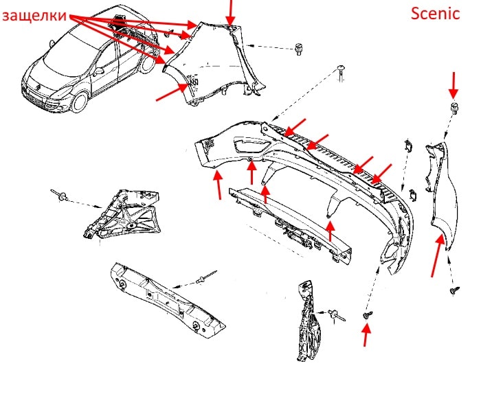 Esquema de montaje del parachoques trasero Renault Scenic 3 (2009-2015)
