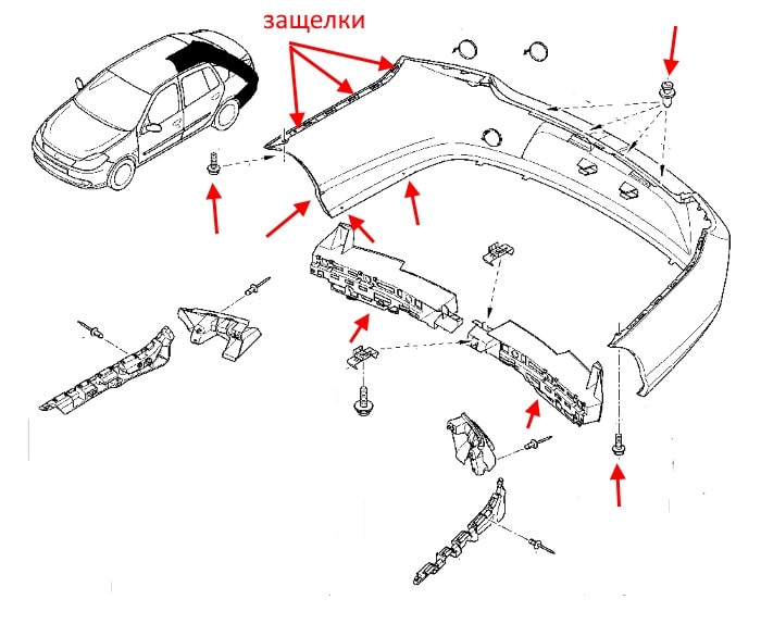 Esquema de montaje del parachoques trasero Renault Symbol / Thalia (2008-2013)