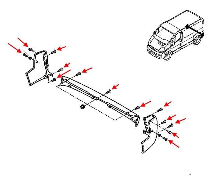 The scheme of fastening of the rear bumper Renault Trafic 2 (2001-2014)