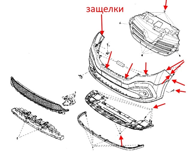 The scheme of fastening of the front bumper Renault Trafic 3 (after 2014)