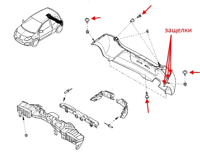 Esquema de montaje del parachoques trasero Renault Twingo 2 (2007-2014)