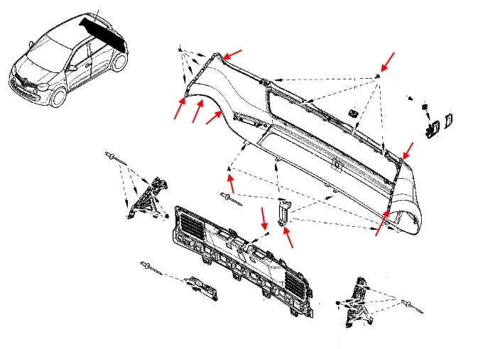 The scheme of fastening of the rear bumper Renault Twingo 3 (after 2014)