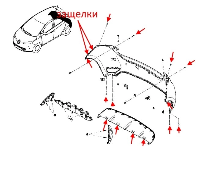 The scheme of fastening the rear bumper of the Renault ZOE