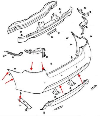 The scheme of fastening of the rear bumper Saab 9-3 (2002-2014)