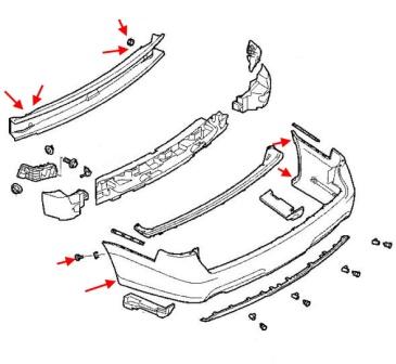 The scheme of fastening of the rear bumper Saab 9-5 (2005-2010)