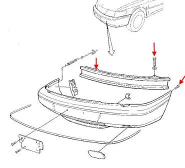 The scheme of fastening of the front bumper Saab 900 (1993-1998)