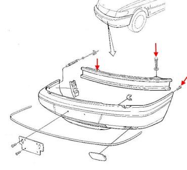 Diagrama de montaje del parachoques delantero del Saab 900 (1993-1998)