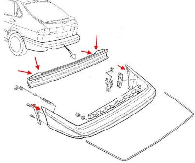 Diagrama de montaje del parachoques trasero del Saab 900 (1993-1998)