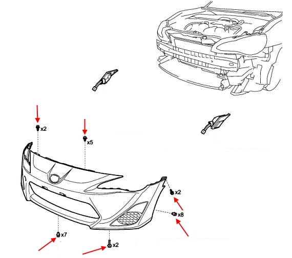 Схема крепления переднего бампера Scion FR-S (Toyota 86)