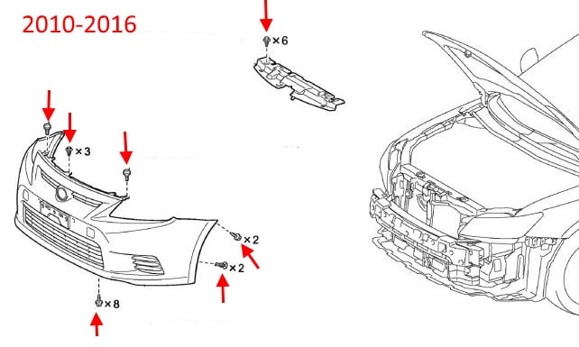 Diagrama de fijación del parachoques delantero del Scion tC