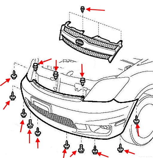 Scion xA front bumper attachment diagram