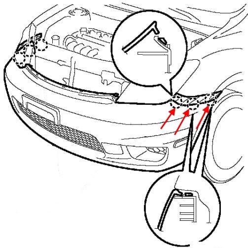 Scion xA Diagramm zur Befestigung der vorderen Stoßstange