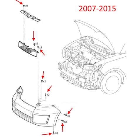 Схема крепления переднего бампера Scion xB (2006-2015) (Toyota Rukus)