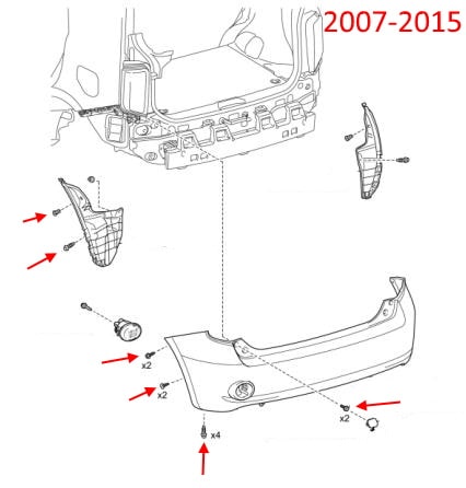 Схема крепления заднего бампера Scion xB (2006-2015) (Toyota Rukus)