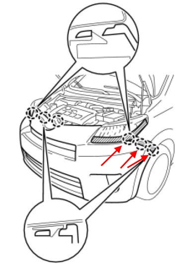 Схема крепления переднего бампера Scion xD (Toyota Ist)